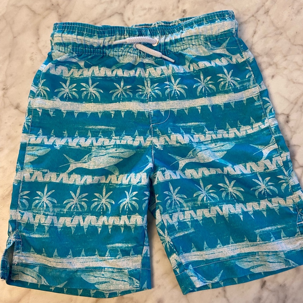 Boy’s Blue Palm Tree and Shark Swim Trunk